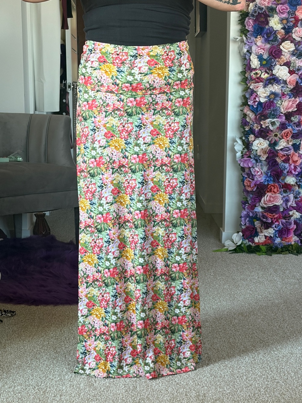 Women's Floral Maxi Skirt in Pink, Green & Yellow